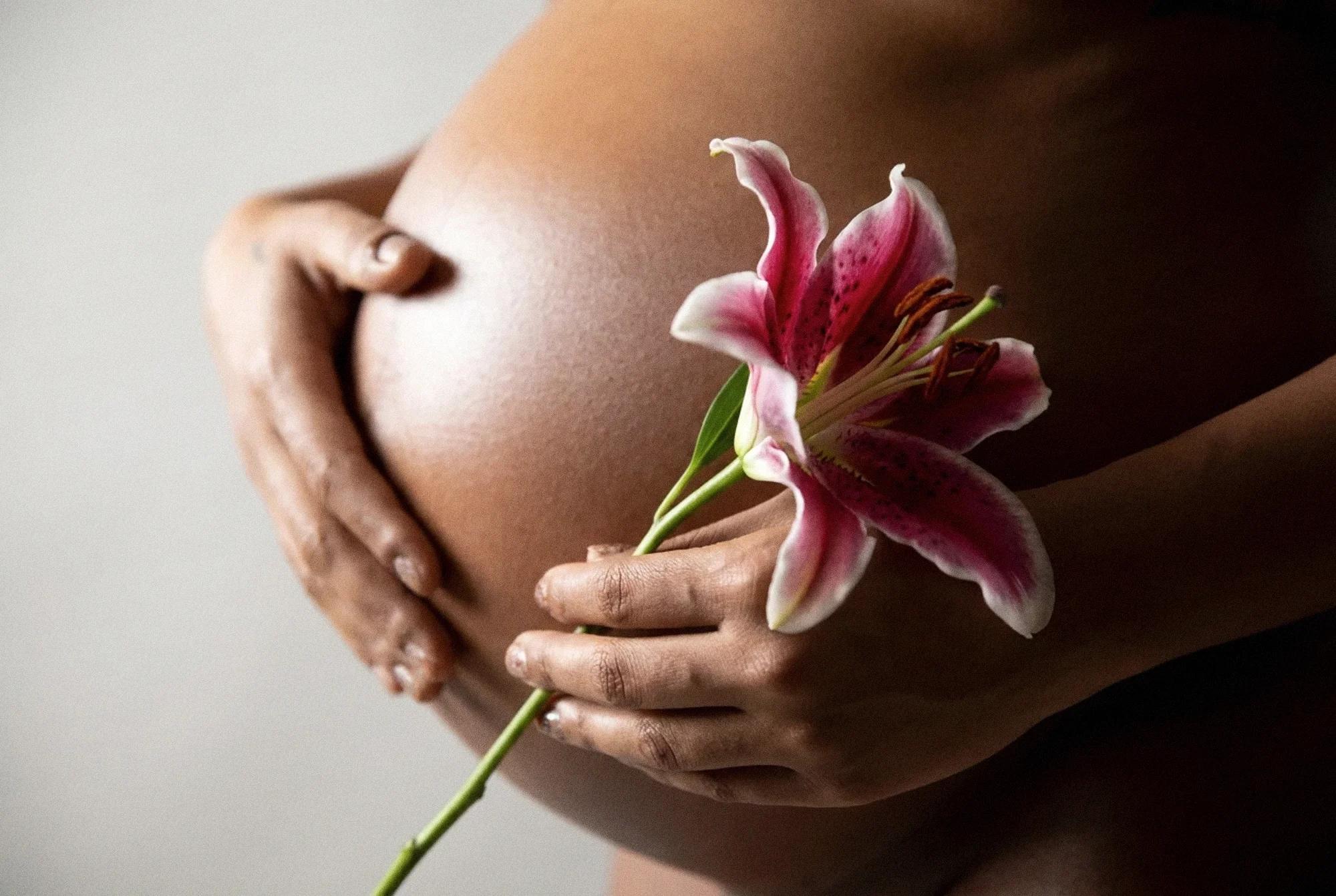 A pregnant woman cradling her belly with one hand and holding a pink Stargazer lily in the other